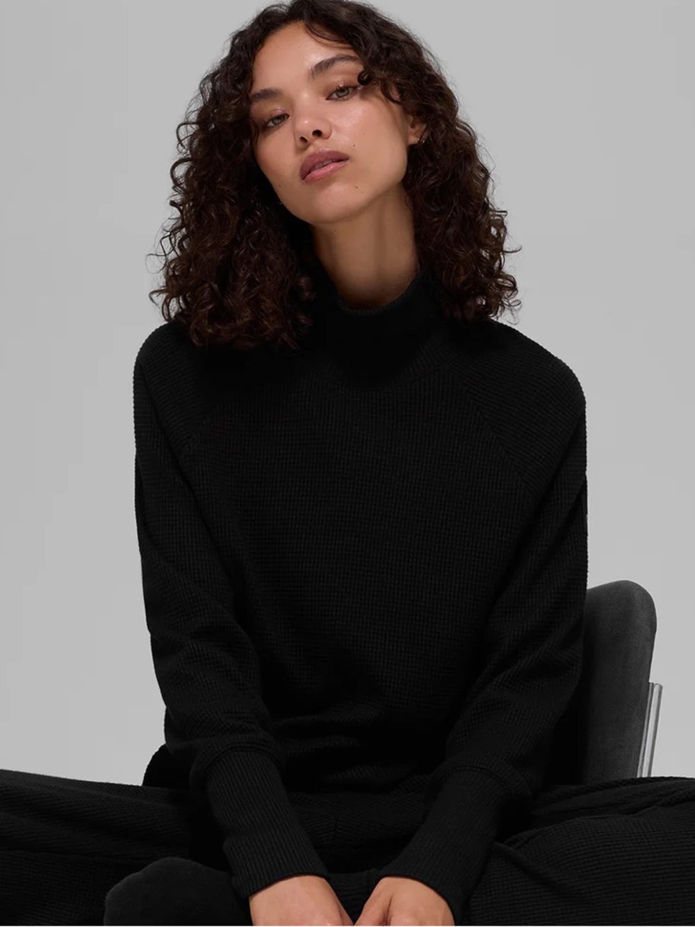 Alo Waffle Weekend Escape Mock Neck Long Sleeve Sweatshirt, Black, Size XS
